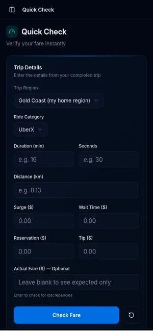 Quick fare check comparing rideshare trip inputs and expected earnings